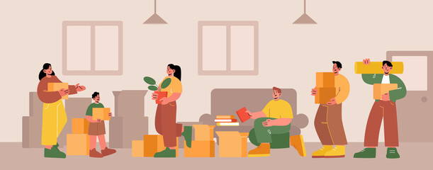 Happy family moving into new house, people relocation. Mother, father, child and loaders carry boxes and things to home. Characters buying real estate apartments, Line art flat vector illustration
