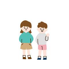 2人のこども　男女　全身　手描き