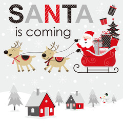 christmas card with santa claus, reindeer and sleigh