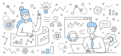 Data analysis business concept, doodle analysts, office people work together research statistics charts, graphs and diagrams of sales management and operational reports, Line art vector illustration