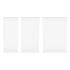 Set of empty roll up banners display mockup on isolated white background. Vector illustration.