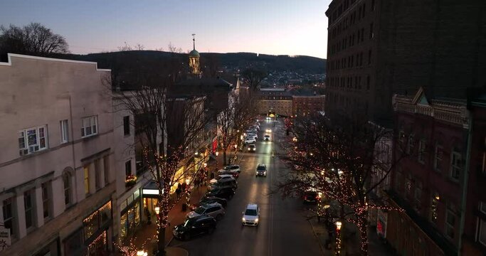 Historic Bethlehem PA Aerial, Decorations At Christmas Holiday Season. Sunset Aerial.