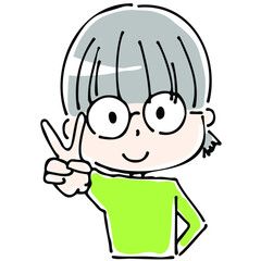 ピースサインをするメガネっ子の上半身