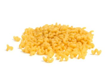 Pasta on white background, food is flour products.
