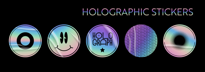 Holographic stickers set. Geometric shapes label with rainbow hologram and wrinkles. Vector elements for modern trend design. - obrazy, fototapety, plakaty