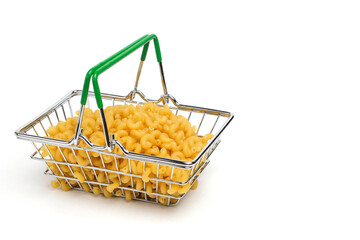 Pasta, flour product in shopping basket on white background.Concept purchasing food.
