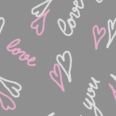 Elegant seamless pattern in doodle style of hand drawn hearts and love you text on a gray background.