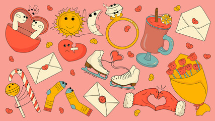 Set for Valentine's day with couples in love. Hand drawn trendy cartoon elements.