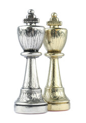 Fototapeta na wymiar Silver and golden kings on white background. Chess pieces