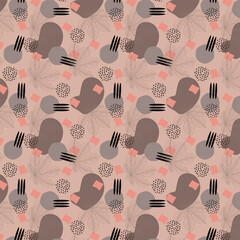 Vector seamless patterns. Tropical leaves, abstract shapes, nude colors.