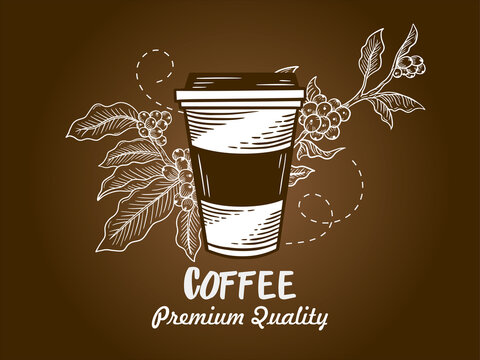 Hand Drawn Coffee Shop Beans Cup with Branch Background illustration