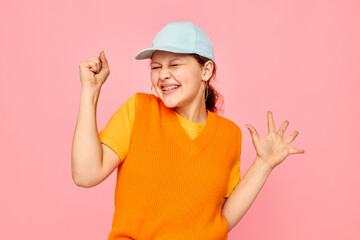 pretty woman in blue caps fashion posing emotions isolated backgrounds unaltered