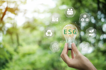Hand holding light bulb with ESG icon concept for environmental, social, and governance in sustainable and ethical business on the Network connection on a green background.