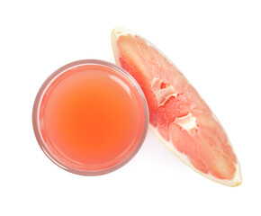 Glass of pink pomelo juice and fruit isolated on white, top view