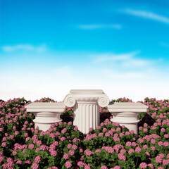 Natural scene of podium with flower field scenery