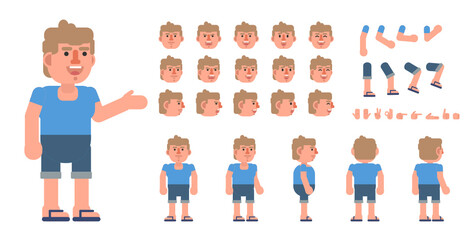 Creation kit of a trendy man in casual street outift. Modern vector illustration. Create your own pose, action, animation