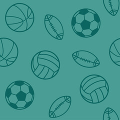 Sport seamless pattern  illustration with flat elements of volleyball, American football, soccer, basketball balls, velvet jade green color palette