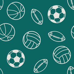 Sport seamless pattern  illustration with flat elements of volleyball, American football, soccer, basketball balls, velvet jade green color palette