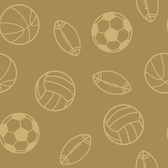 Sport seamless pattern  illustration with flat elements of volleyball, American football, soccer, basketball balls, velvet jade green color palette