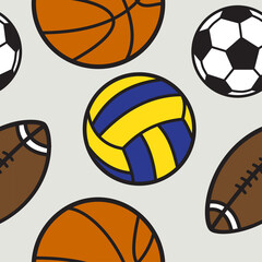 Sport seamless pattern illustration with flat volleyball, American football, soccer, basketball colorful balls