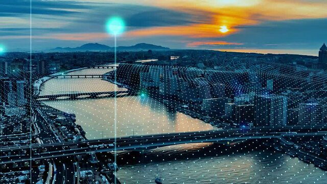 Smart city and communication network concept. 5G. IoT (Internet of Things). Telecommunication.