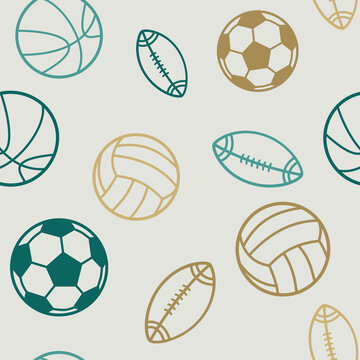 Sport seamless pattern  illustration with flat elements of volleyball, American football, soccer, basketball balls, velvet jade green color palette