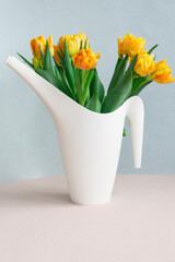 bouquet of fresh yellow tulips in a white watering can, copy space