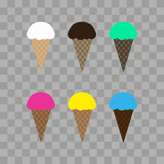 Ice cream cone. Collection of ice cream of different flavors on transparent background. Vector illustration.EPS 10