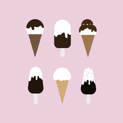 Set of ice cream in chocolate icing on pink background.Ice cream creme brulee in chocolate. Vector illustration