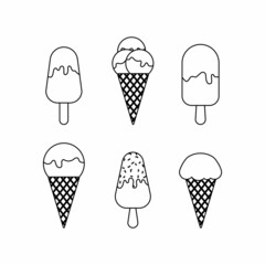 Set of ice cream icons of different shapes on white background. Ice cream silhouettes. Vector illustration
