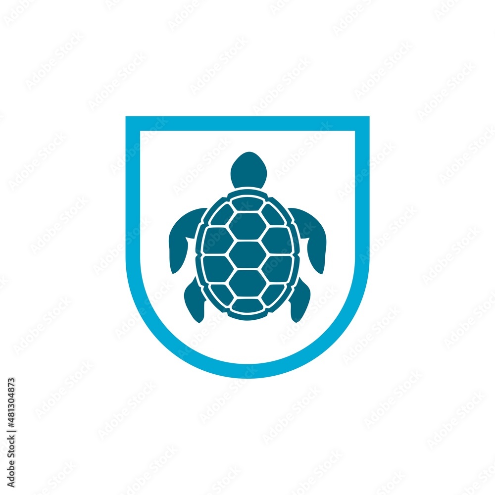Poster turtle with shield icon isolated on white background