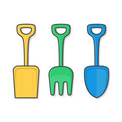 Beach Sand Toys Vector Icon Illustration. Children Shovel And Rake Summer Games And Activities Flat Icon