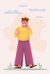 A happy man shows a cool gesture and talks on his smartphone. Vector illustration.