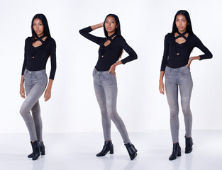 Fototapeta premium Full length body portrait of 20s Asian Woman long black hair vast short pant and shoes. Tanned skin