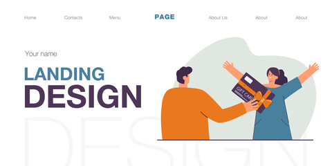 Man giving gift card happy woman flat vector illustration. Cartoon couple image. Romantic relationship, receiving present concept for banner, website design or landing web page.