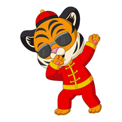Cartoon tiger in sunglasses dabbing