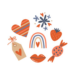 valentines day design. isolated vector illustration with romantic clipart (heart, lips, flowers, candy)