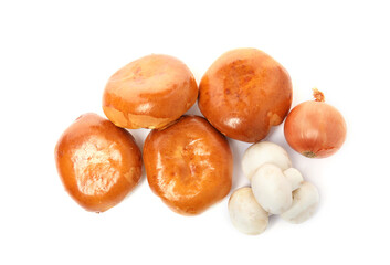 Delicious baked pirozhki, mushrooms and onion on white background, top view