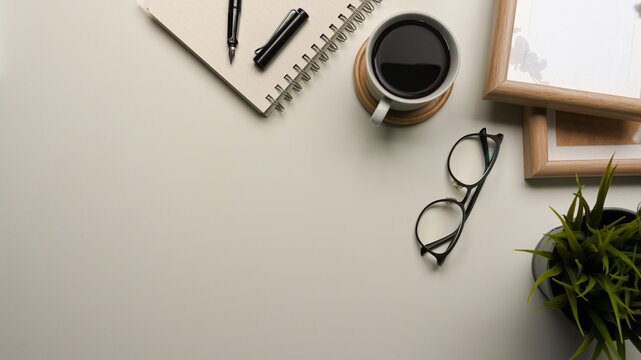 Simple white workspace with copy space. Top view