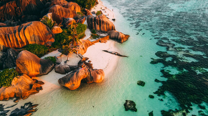 Seychelles La Digue Aerial Drone View of Sunset - obrazy, fototapety, plakaty