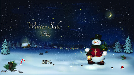 winter sale banner with snowman and night landscape