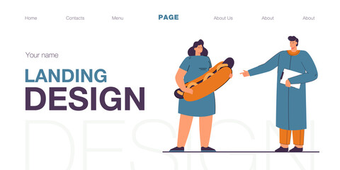 Obese girl at nutritionist appointment flat vector illustration. Woman holding hot dog, having problems with being overweight. Doctor warning of consequences. Obesity, diet, unhealthy concept