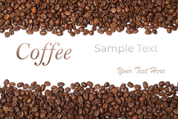 Many roasted coffee beans on white background, top view. Space for design