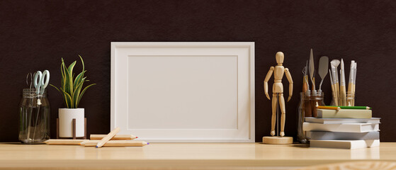 Picture frame mockup on a table with home decorations
