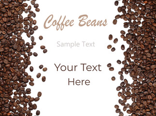 Many roasted coffee beans on white background, top view. Space for design