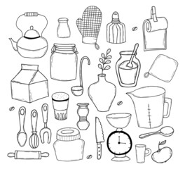Set of kitchen tools doodles. Hand drawn kitchen equipments. Lines icon kitchen cooking tools and kitchenware. Vector illustration on white background. for design, decor, restaurant menu, recipe book