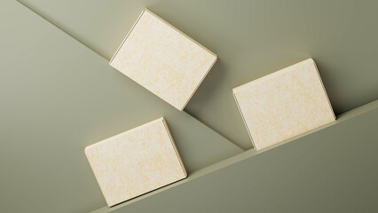 Beautiful cardboard box packaging on green geometric pedestal display.