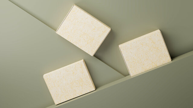 Beautiful cardboard box packaging on green geometric pedestal display.