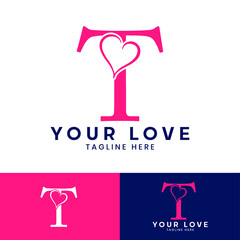 T letter logo with heart icon, Happy Valentines initial T logo, Valentines Day greeting card banner logo template
