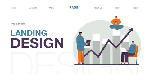 Young people around growth chart flat vector illustration. Students with laptop and mobile phones. Work, success, technology concept for banner, website design or landing web page